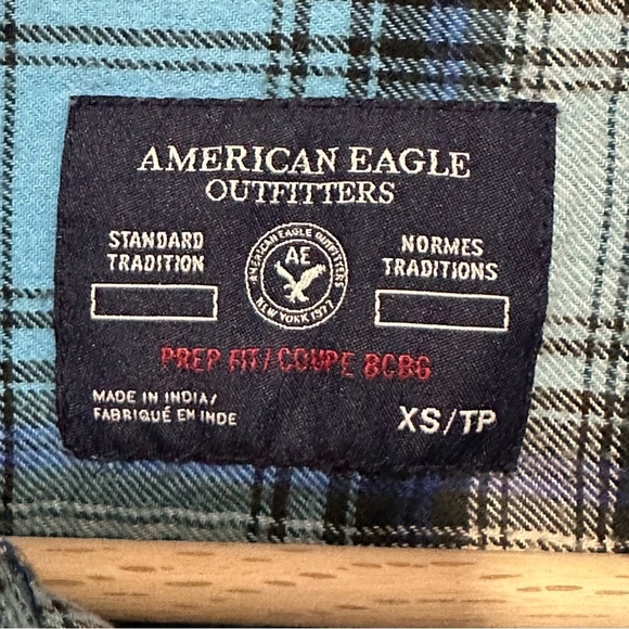 American Eagle Plaid Button Down Shirt Turquoise Blue Black 100% Cotton - XS - Picture 4 of 10